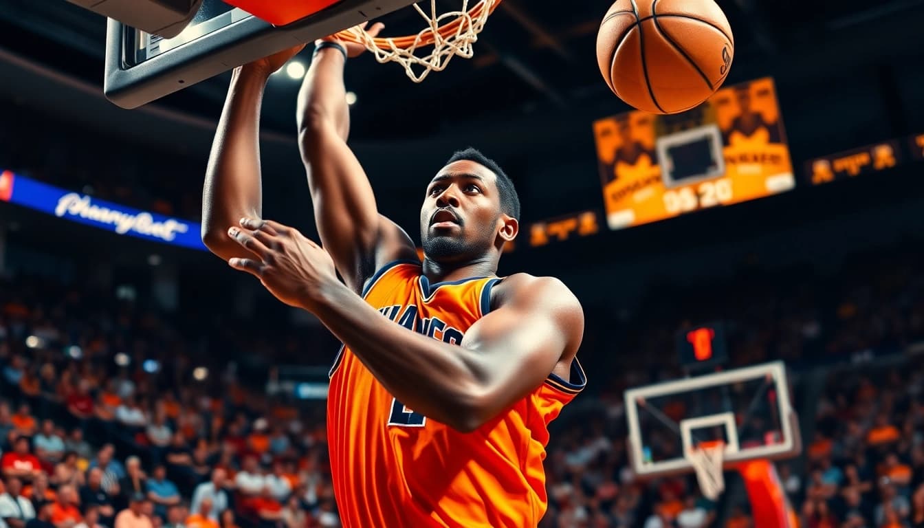 Dee Brown executing an impressive dunk in a vibrant basketball arena.