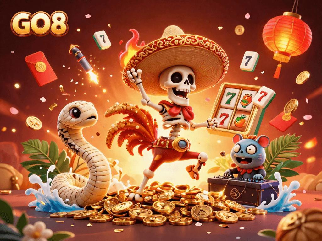 Experience WINNING action at GO8 Casino with a vibrant dance of animated characters, gold coins, and festive elements.