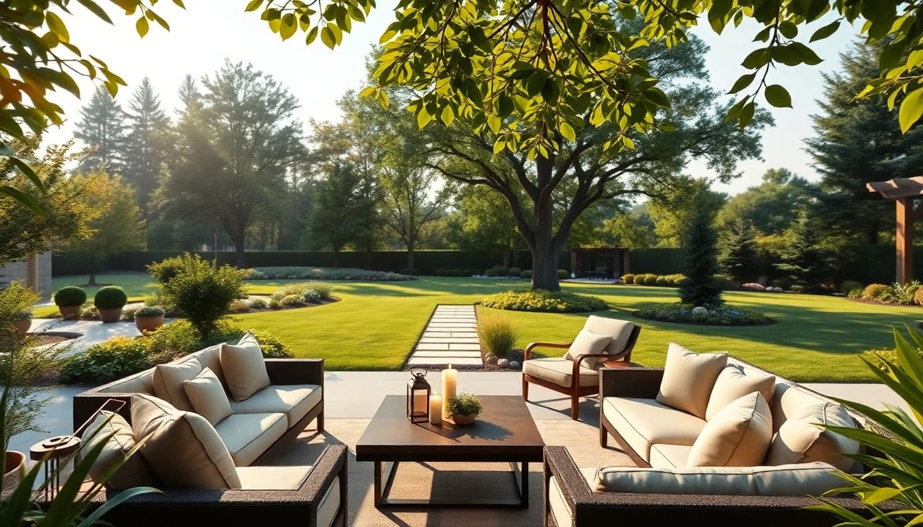Elevate your outdoor experience with Wellesley Outdoor Living, featuring luxurious seating and a tranquil garden.