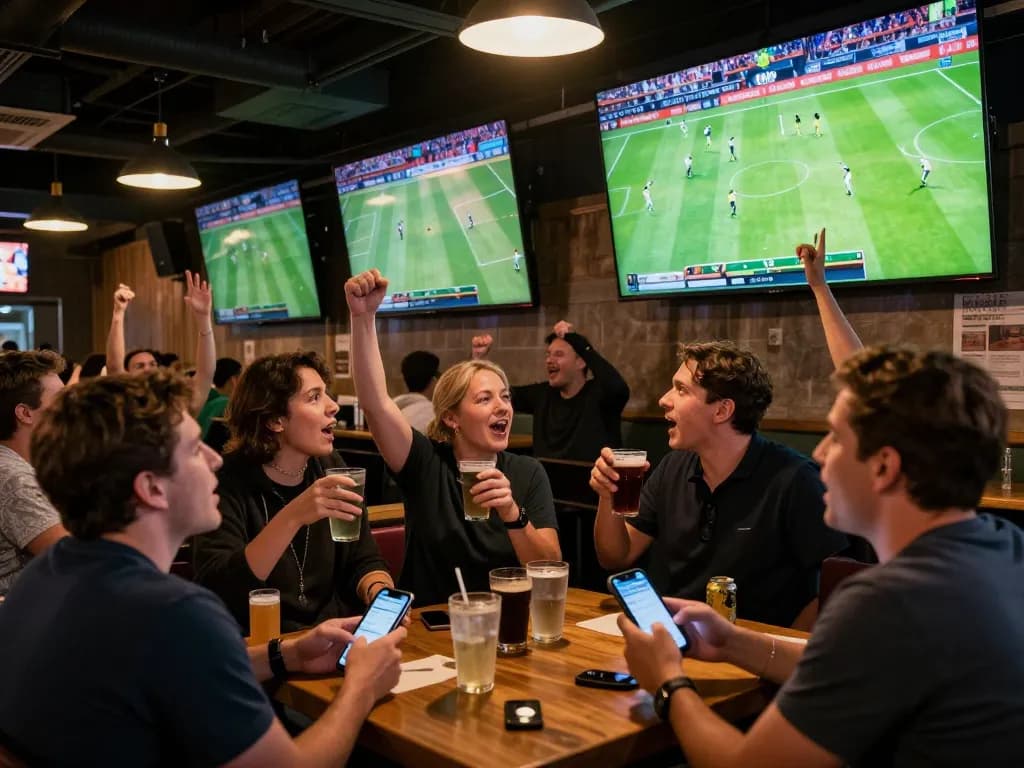 View of a lively sports bar with patrons excitedly engaging in trực tiếp bóng đá hôm nay while using mobile betting apps.