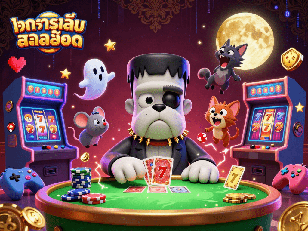 ทดลองเล่นสล็อต action packed scene featuring vibrant 3D characters and casino elements.