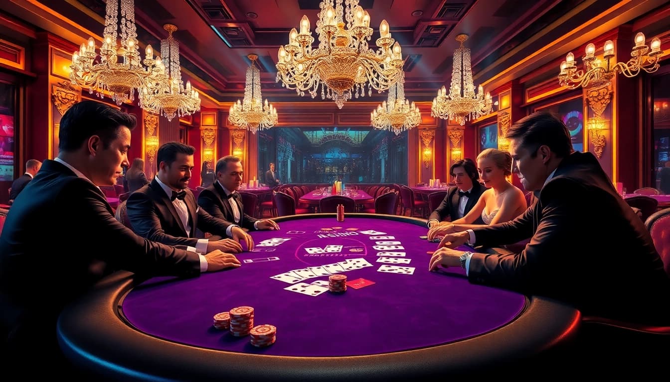 Compétition de poker intense dans un casino en ligne français luxueux avec des joueurs élégants et un éclairage vibrant.