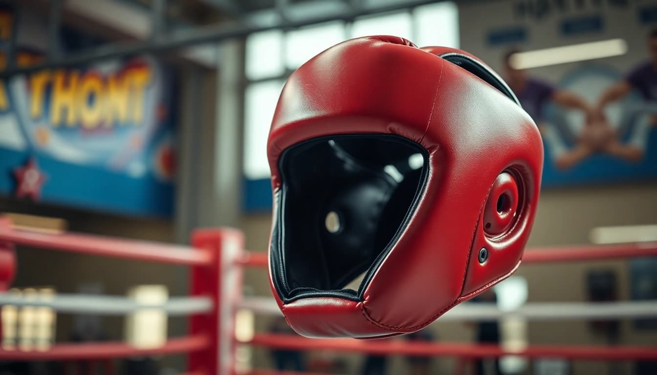 Kämpfer trägt schützendes Kopfschutz Boxen in einem lebendigen Fitnessstudio.