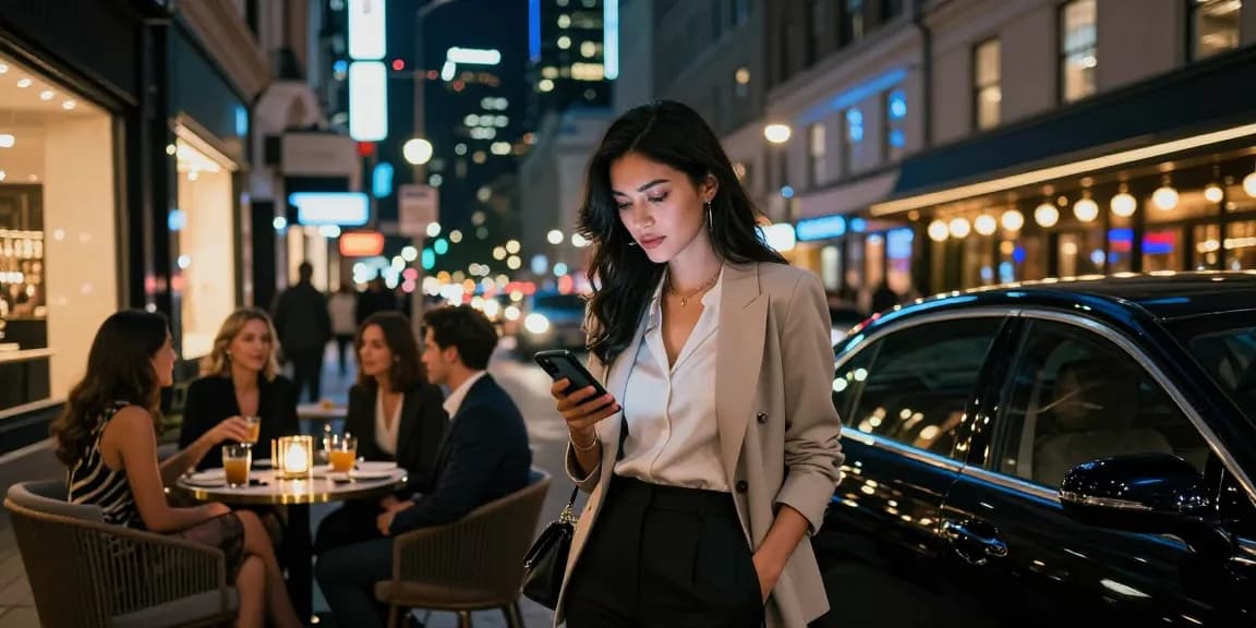 Stylish woman in city nightlife representing call girl services, illuminated urban background.