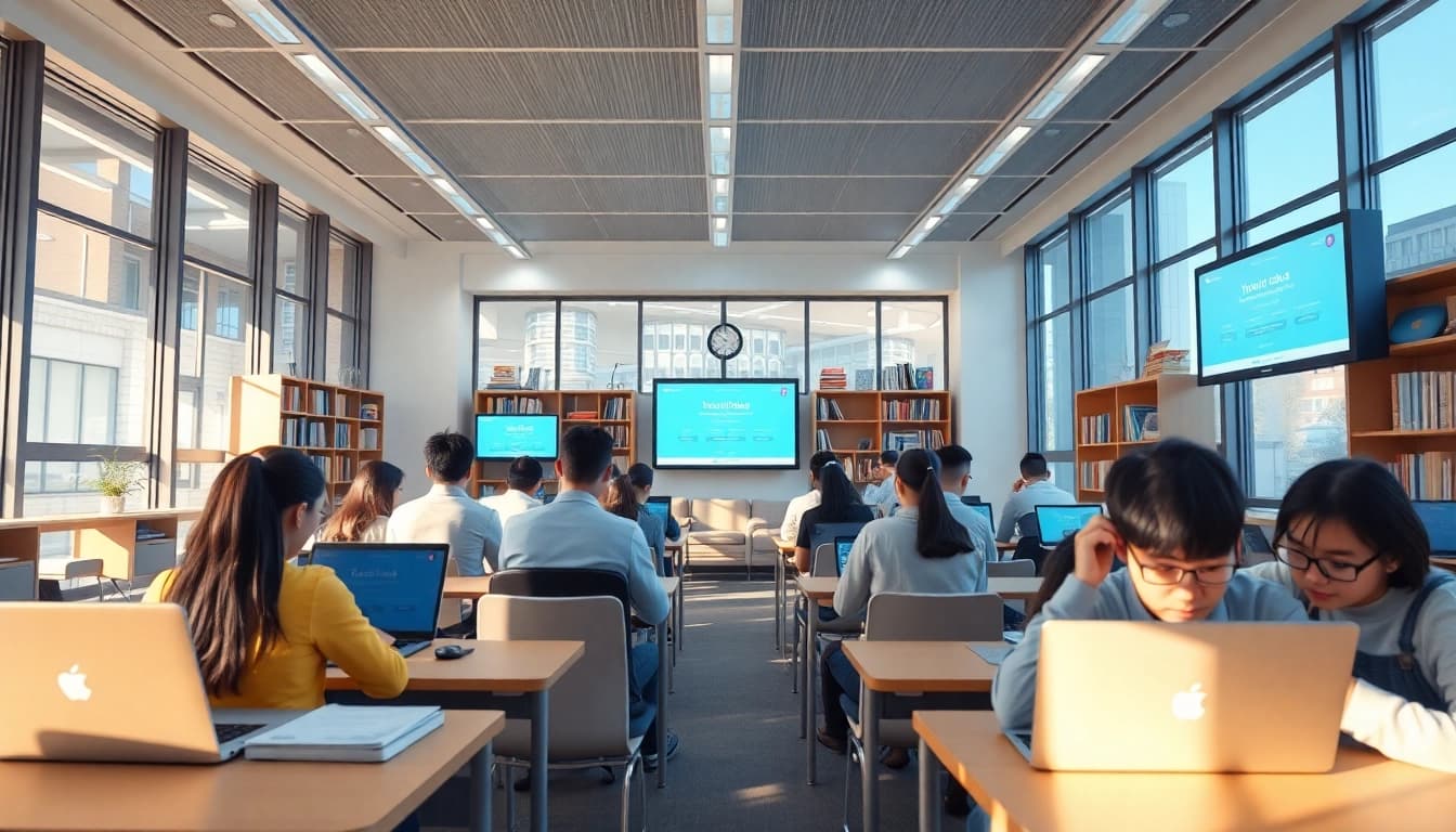 Students using the Youdao digital learning platform in a bright environment