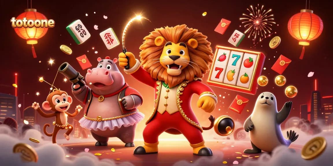 totoone menghadirkan suasana permainan slot yang berwarna-warni dengan karakter unik di latar belakang yang kaya detail.