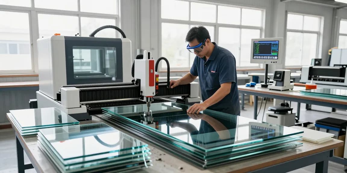 Cutting machine glass in action operated by technician in modern workshop.