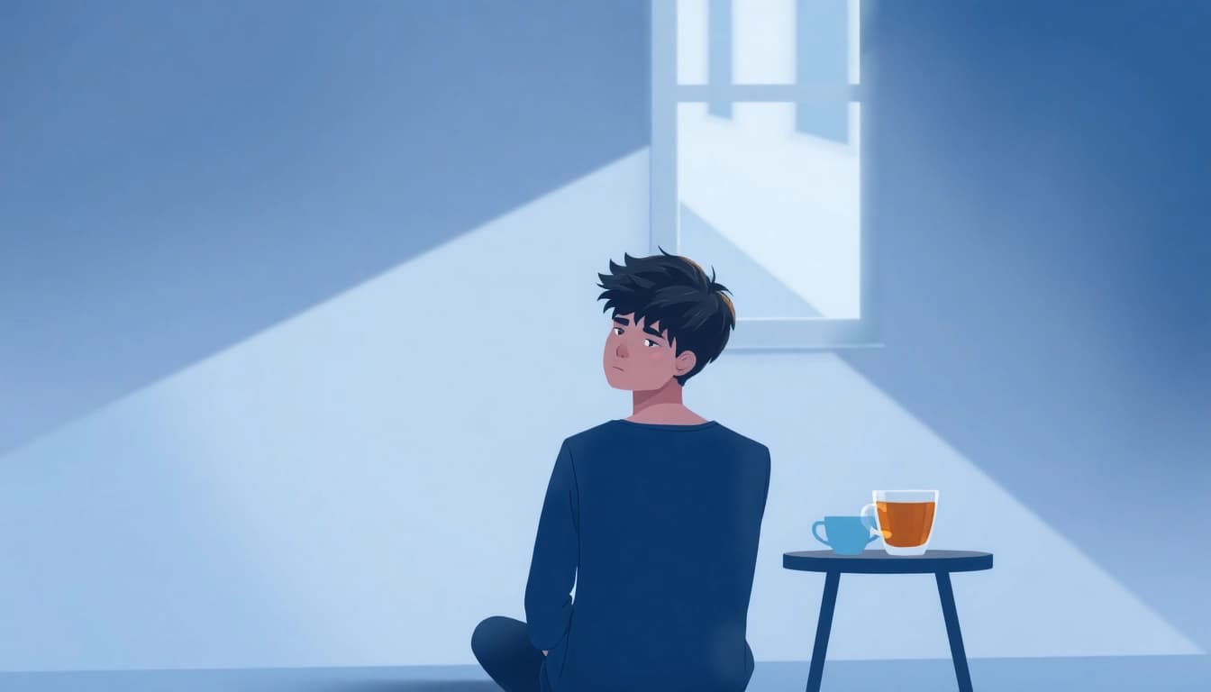 Identify depression symptoms through a portrayal of a person reflecting alone in a calm room.