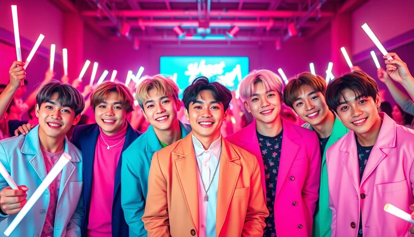 BTS news featuring energetic K-pop group performing live in a vibrant setting.