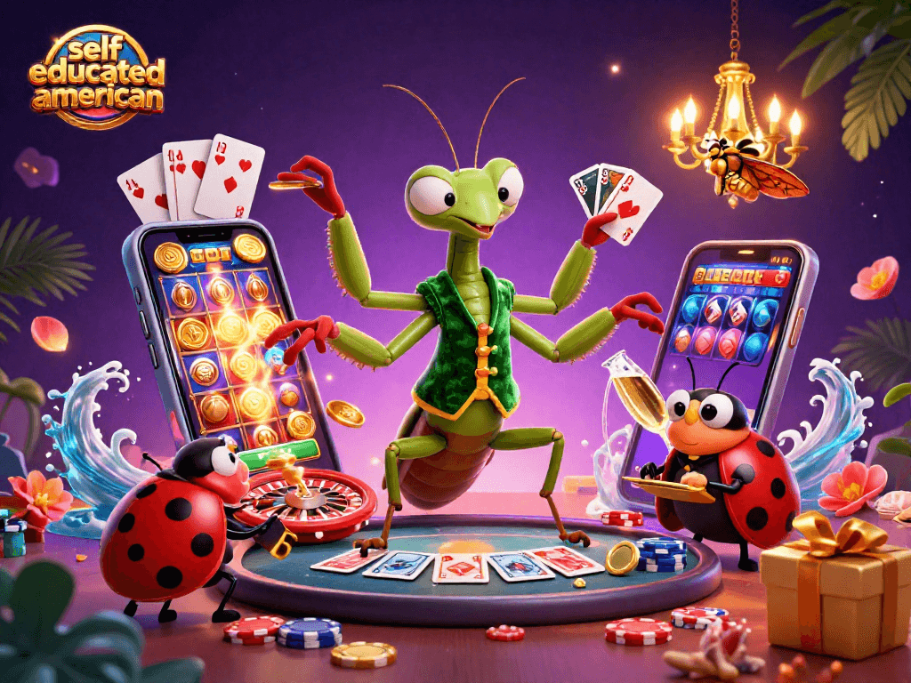 Engage with selfeducatedamerican's vibrant 3D casino scene featuring a praying mantis and ladybug surrounded by exciting game elements.
