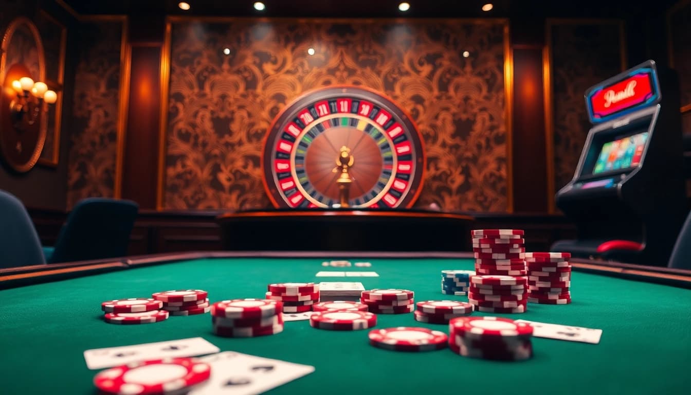 Vivez l'excitation du casino en ligne français avec des jetons vibrants et une roue de roulette lumineuse.