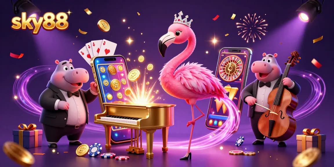 Experience thrilling slots at sky88 with vibrant characters and dynamic casino elements.