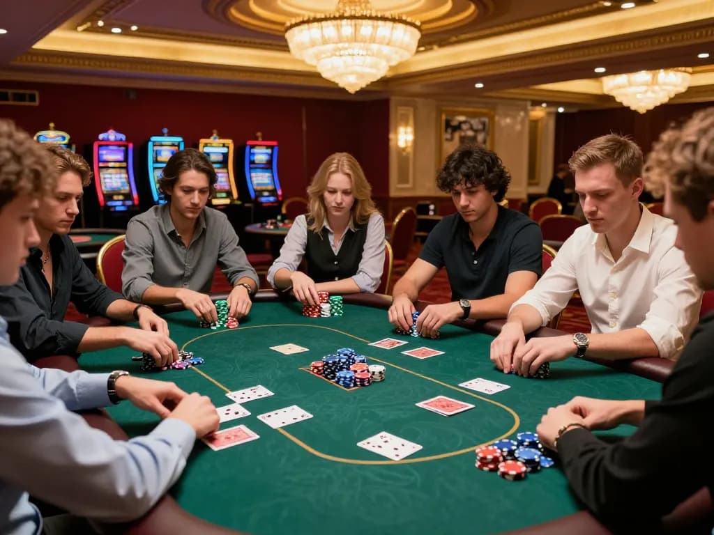 58win poker players strategizing at an elegant table in a vibrant casino atmosphere.