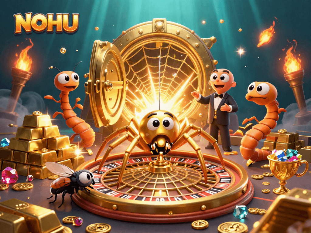 Bet on NOHU with a thrilling 3D scene depicting a golden spider croupier at a roulette wheel.