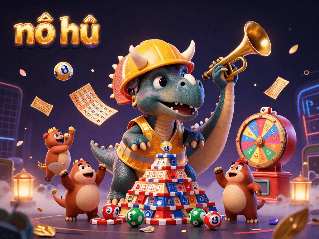 Nổ hũ presents a vibrant casino celebration scene featuring a triceratops and lottery elements, depicting excitement and winning potential.
