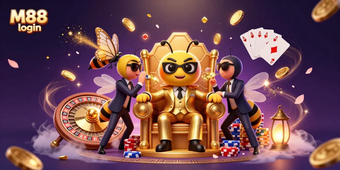 M88 login offers thrilling casino action with a bumblebee mob boss surrounded by riches and excitement.