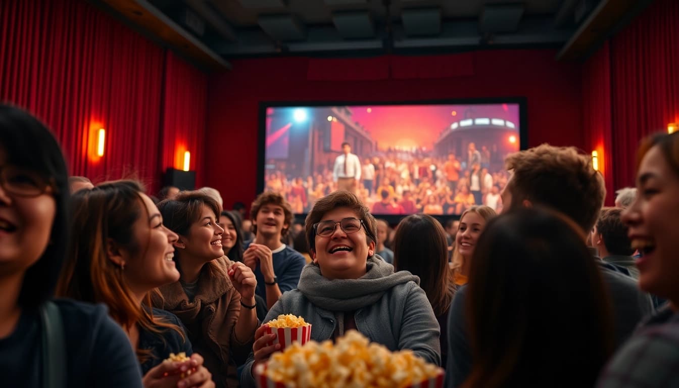 ดูหนัง ที่โรงภาพยนตร์สนุกสนานกับผู้ชมที่มีความสุข