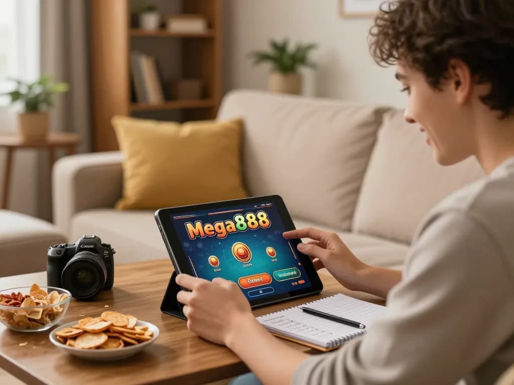 Engaging in Mega888 free credit gaming on a tablet in a cozy home setting.