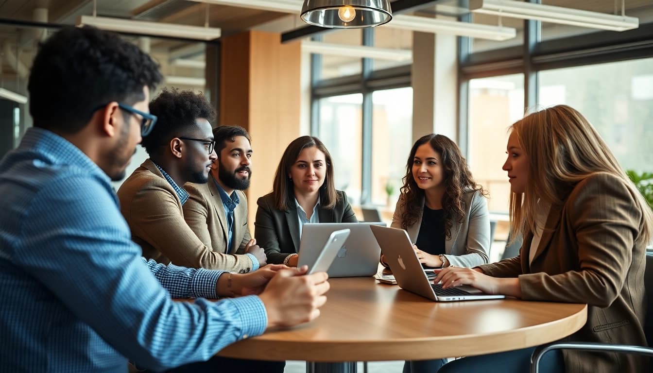 Sales representatives discussing strategies to find companies hiring sales reps in a modern office.
