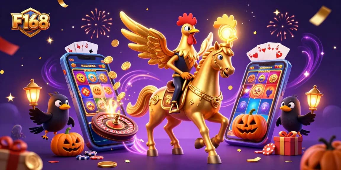 Win big at F168 with vibrant casino illustration featuring a golden rooster in a magical setting.