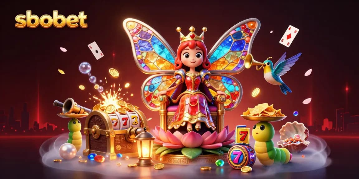 Experience sbobet excitement with a butterfly queen amidst vibrant casino elements and rich treasures