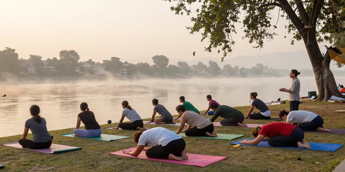 Students participating in a yoga teacher training course in India by the Ganges River during sunrise