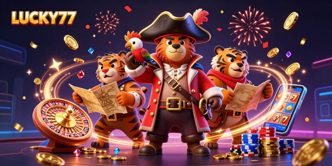 Spin to win with LUCKY77 as the pirate bear and tiger explore a vibrant casino adventure!