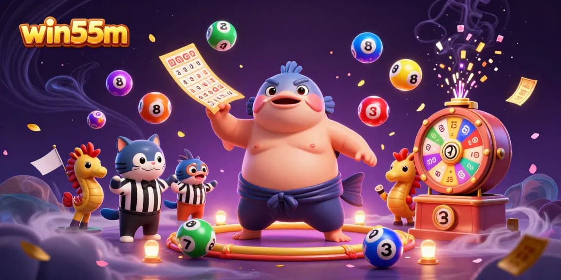 Experience thrilling gaming at win55m with a dynamic underwater casino scene featuring colorful lottery elements.
