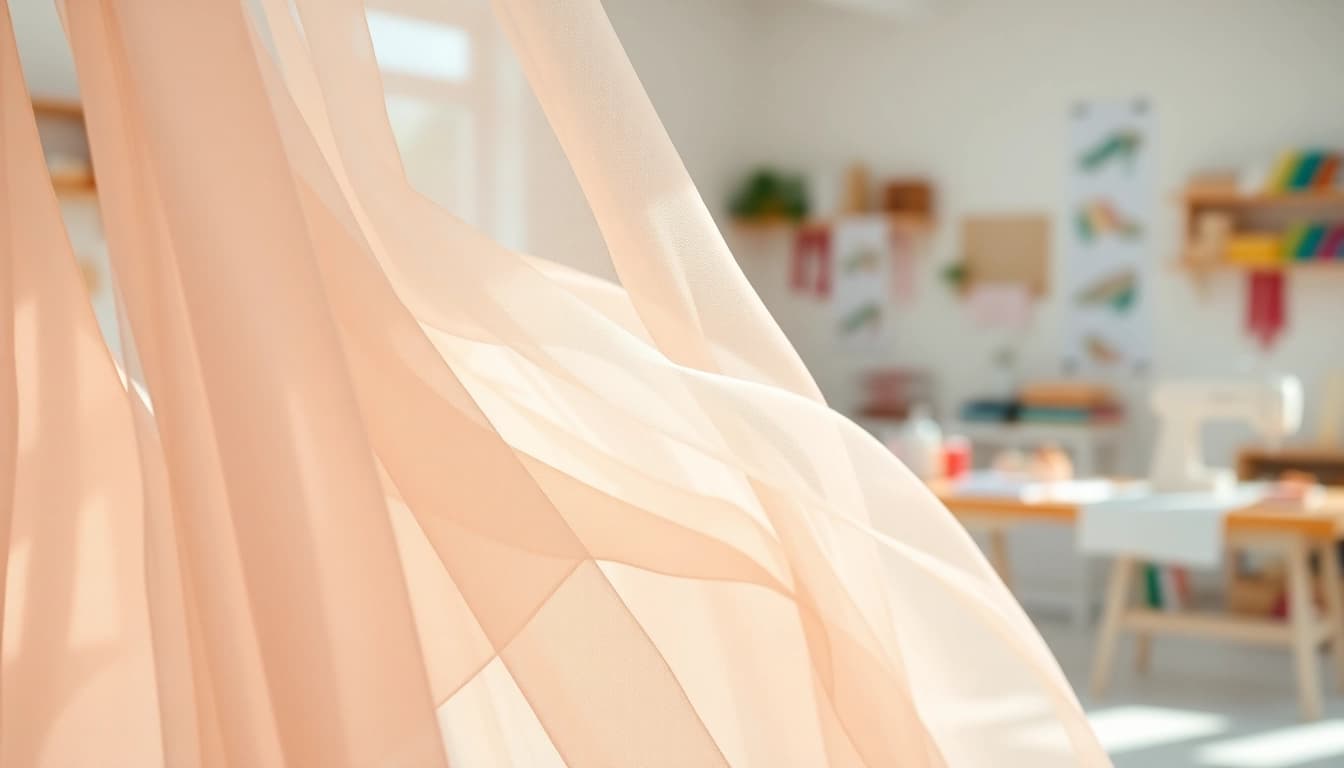 Mousseline stof met delicate texturen en zachte lagen in een creatieve setting.