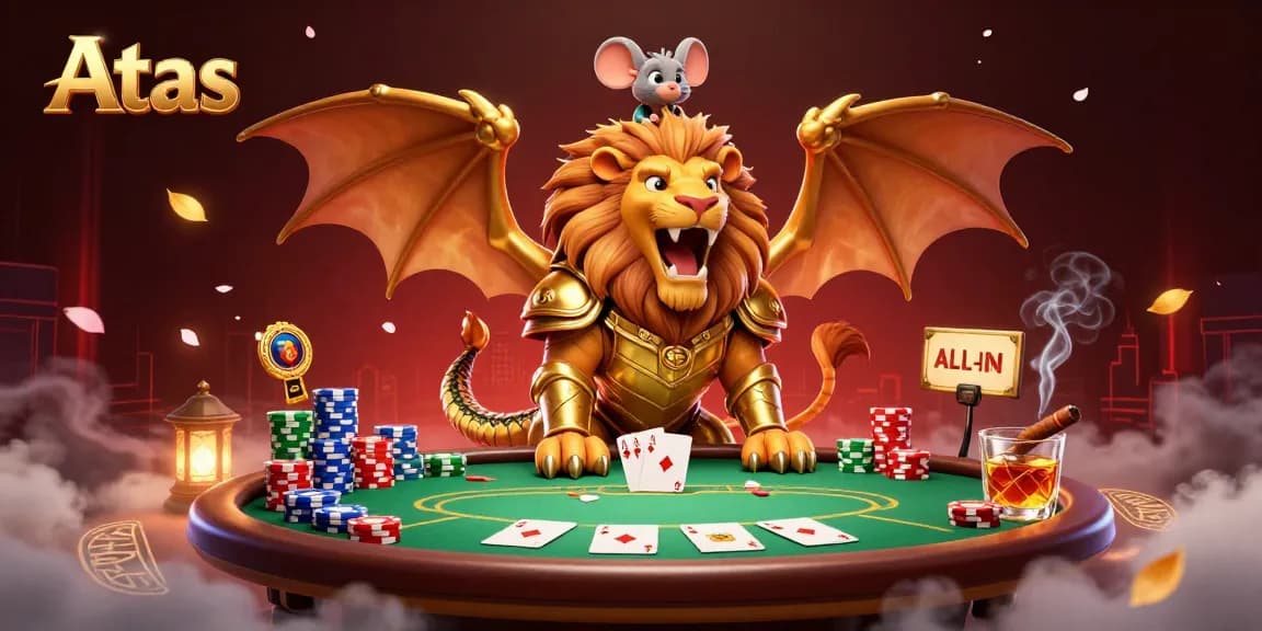Engage with Atas online casino excitement through a golden-armored chimera and poker elements.