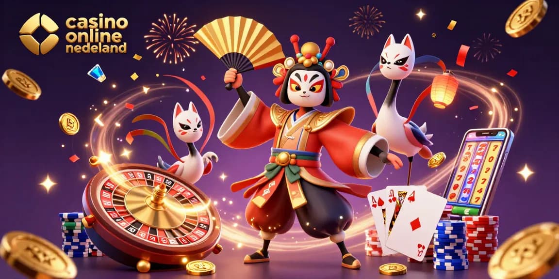 Cascade of vibrant slots and roulette elements with kabuki warriors showcasing casino online nederland excitement.