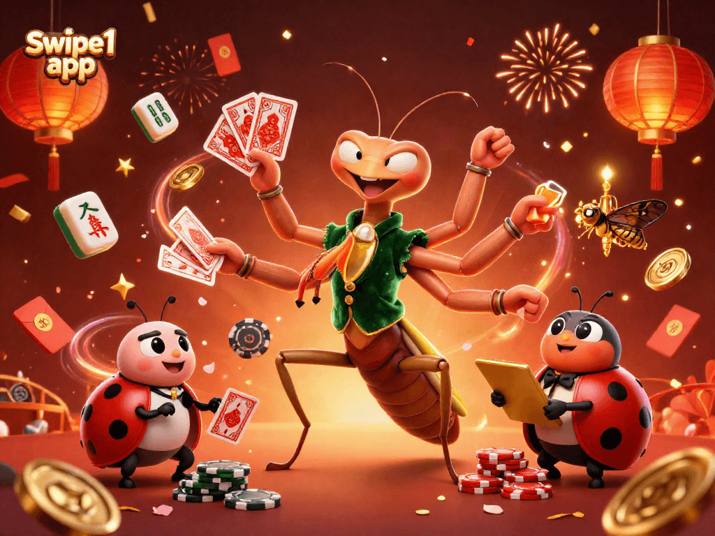 Engage with the Swipe1 app through a vibrant casino scene with animated card games and festive elements.