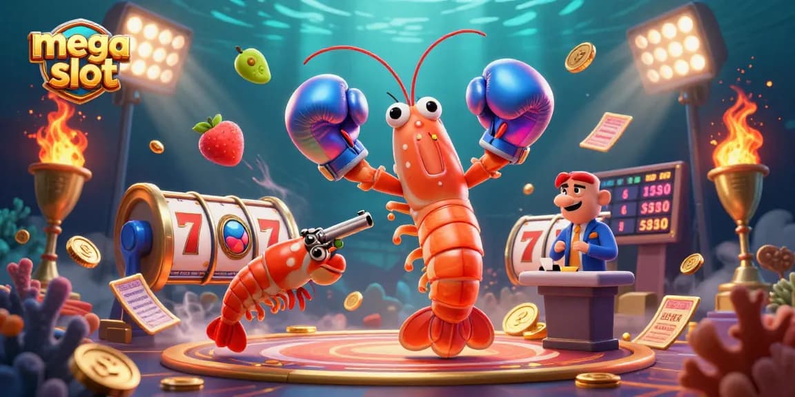 Memainkan mega slot dengan simbol buah berwarna cerah dan jackpot mewah, dikelilingi dengan koin emas dan elemen kasino dinamis.