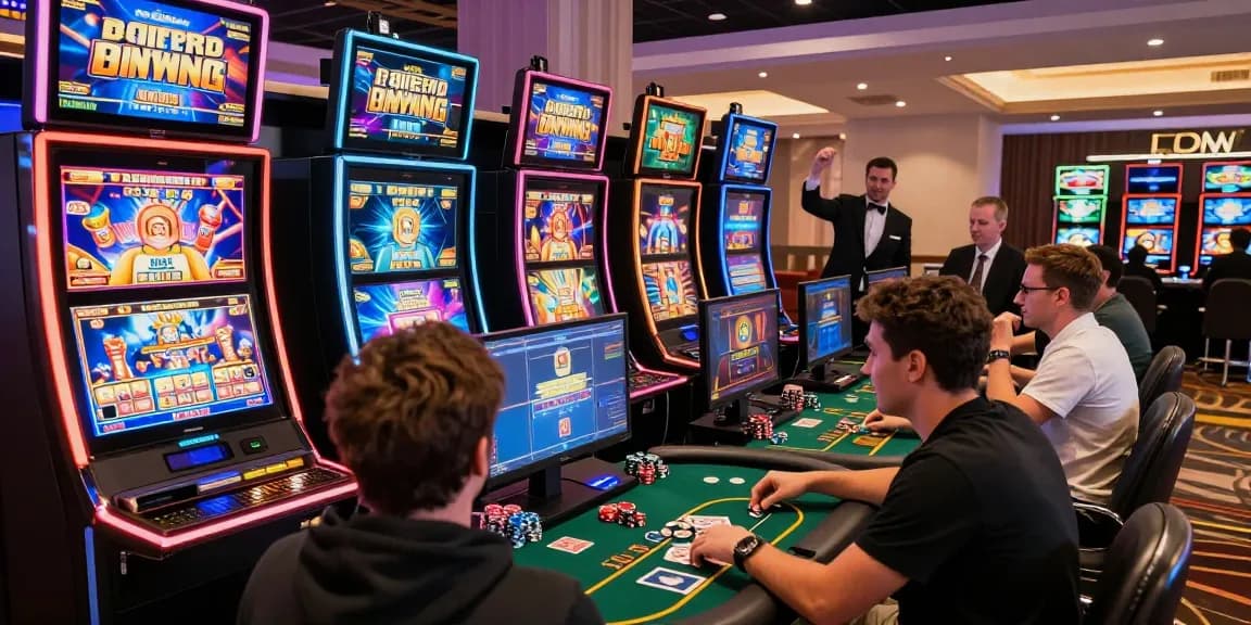 Exciting online slot gaming scene featuring diverse players engaged at vibrant digital machines