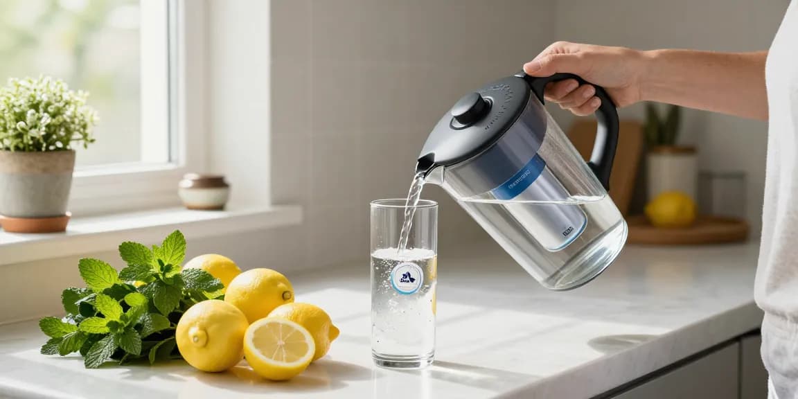 AQUA CREST Magnesium Water Filter enhancing fresh water in a bright kitchen with fruits.