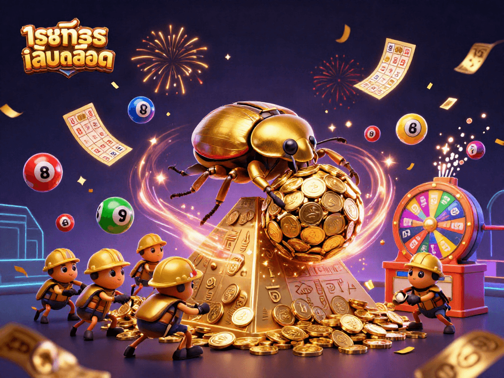 Experience ทดลองเล่นสล็อต with golden beetles and vibrant casino symbols in an exciting 3D scene.