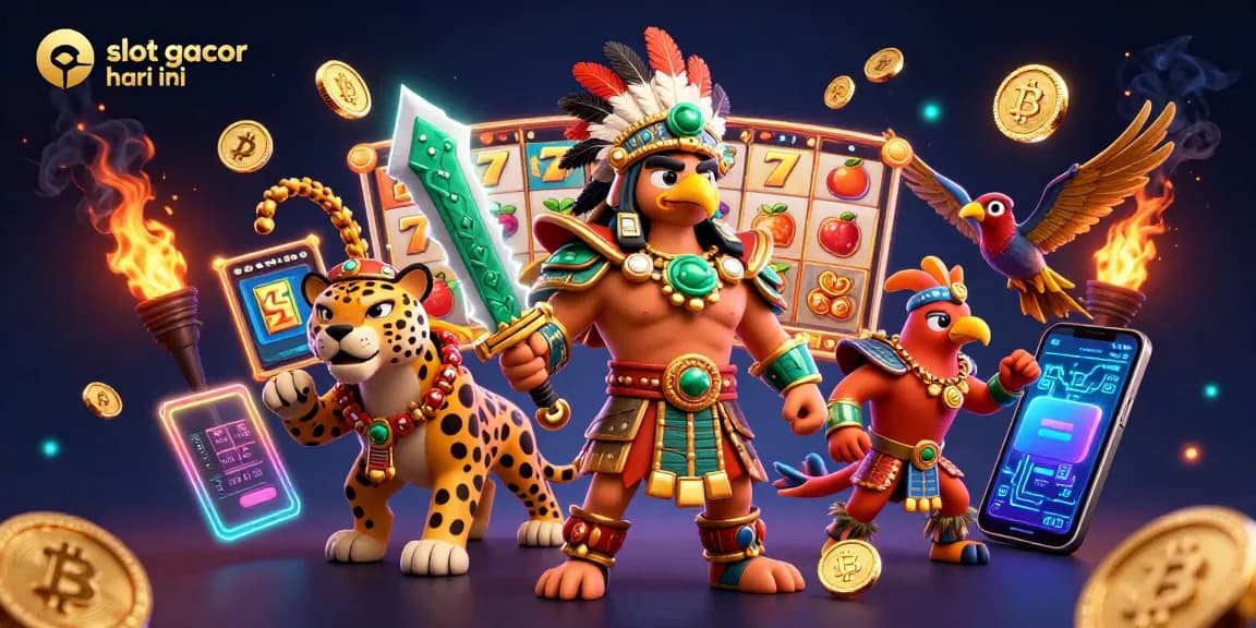 Slot gacor hari ini dengan ilustrasi 3D pejuang Aztec dan simbol jackpot