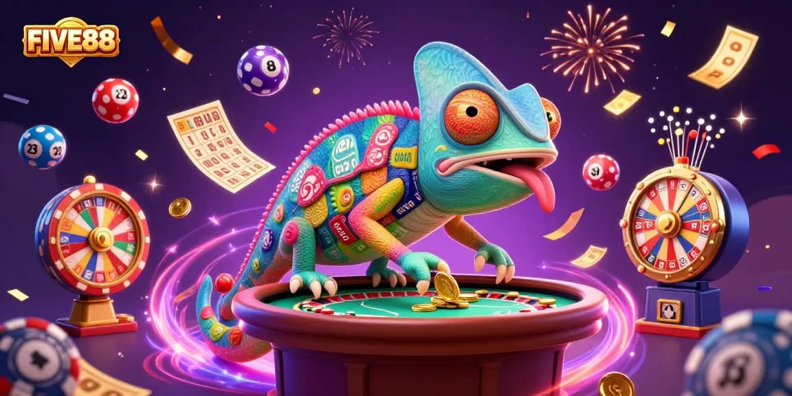 Experience the excitement of FIVE88 with a vibrant casino scene featuring a chameleon owner amidst colorful lottery elements.