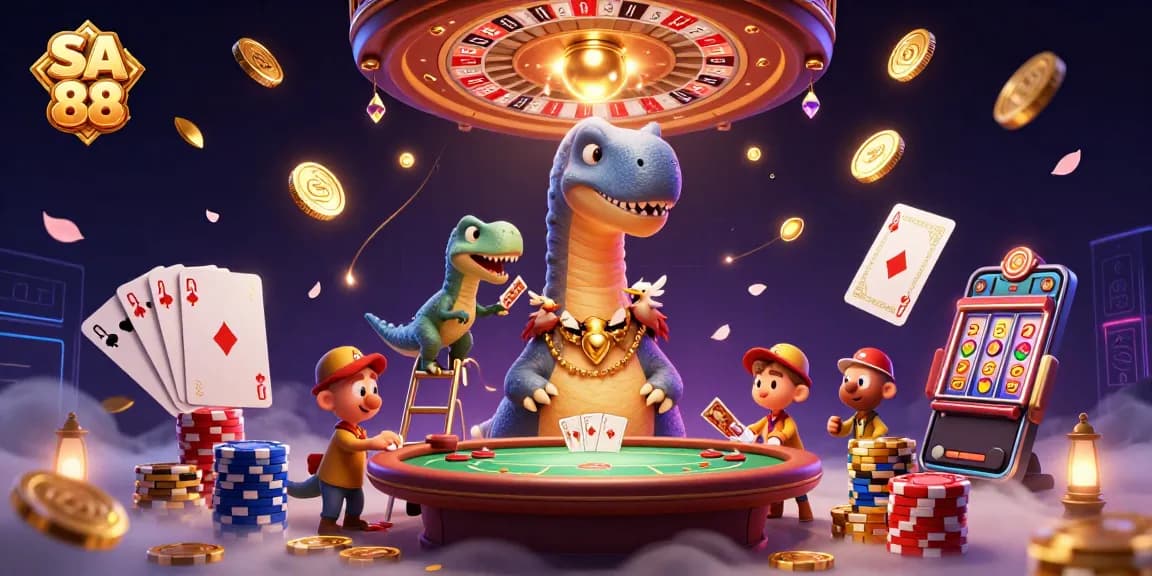 Experience thrilling SA 88 gameplay with a whimsical brontosaurus and clever raptor in a vibrant casino.