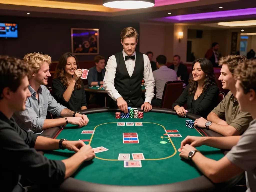 Players engaged at a poker table while enjoying หนังใหม่ชนโรง and celebrating their winning hands.