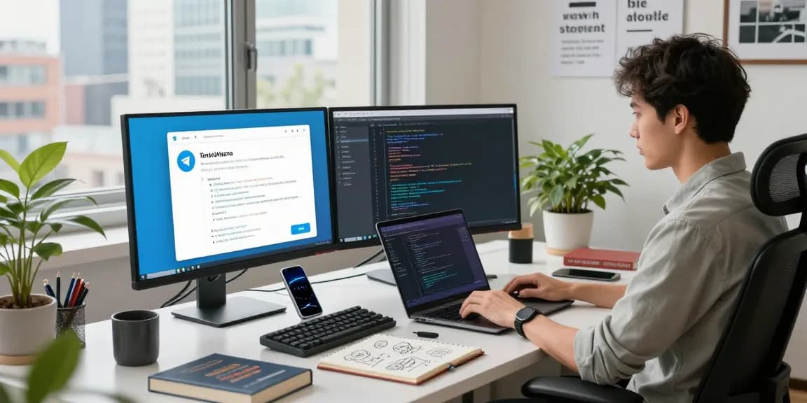Developer coding in vibrant workspace featuring 纸飞机中文版 software interface on dual monitors.