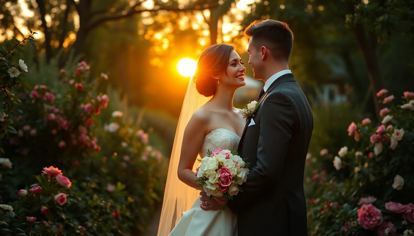 Captivating scene of a bride and groom during Wedding photography, surrounded by a magical garden.