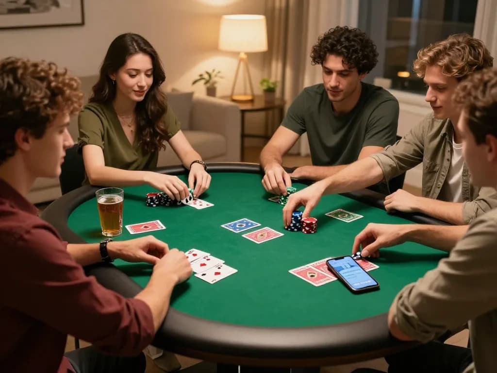 Friends enjoying a poker night with snacks and drinks, focusing on slot gacor gampang menang strategies.
