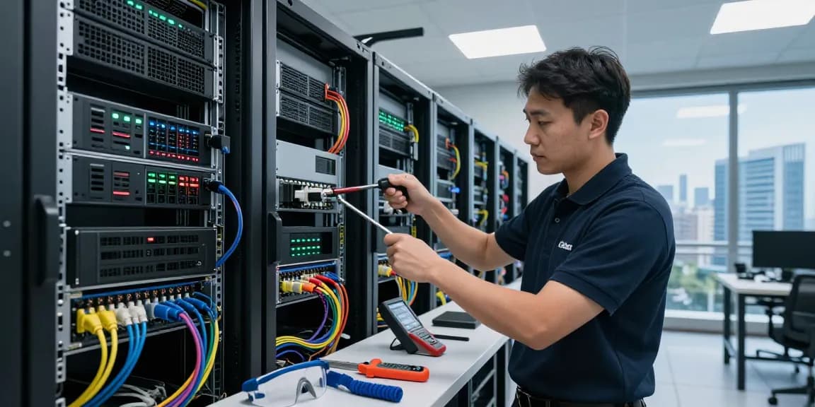 Technician connecting C19/C20 power connector in modern data center