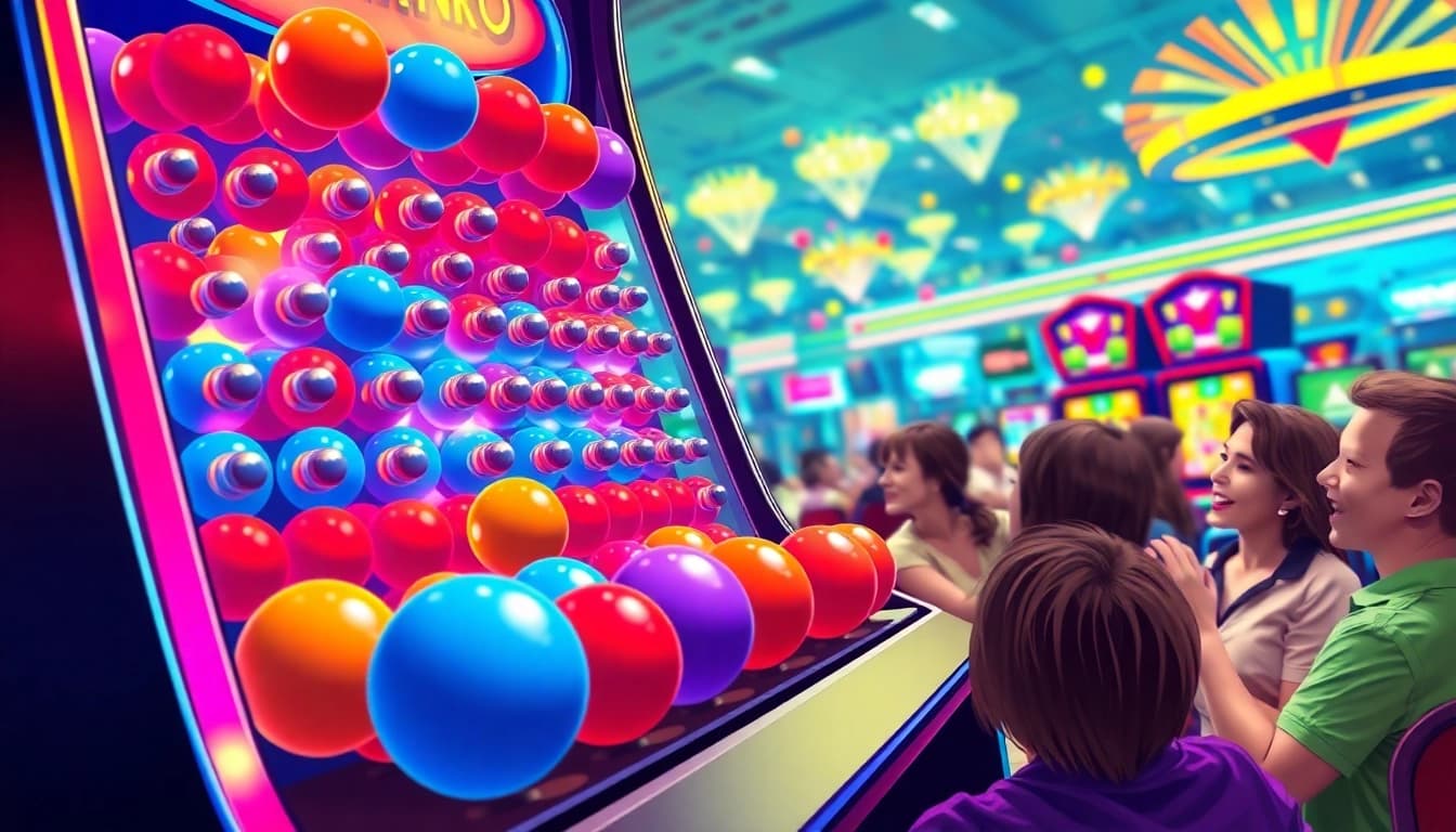 Slot plinko gameplay dengan bola berwarna-warni jatuh ke papan, menciptakan suasana seru.