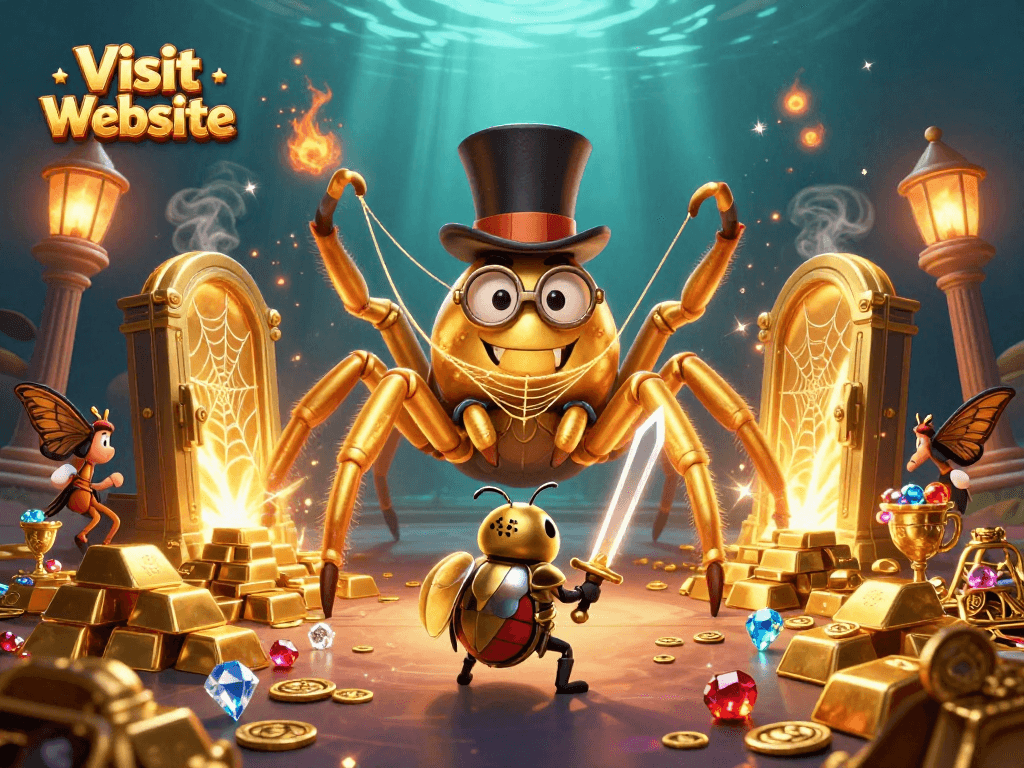 Engage with the captivating scene showcasing a golden tarantula weaving a web in a casino theme. Visit Website for more!
