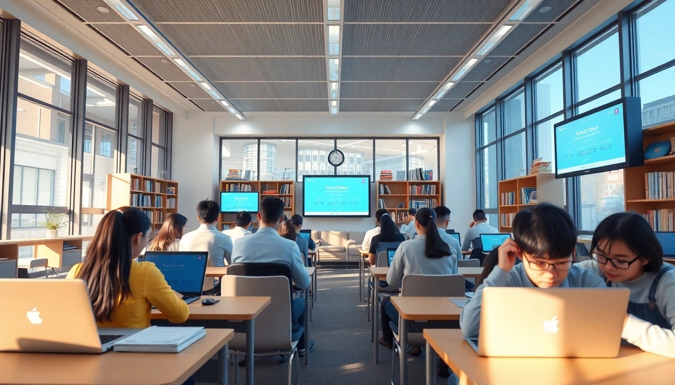 Students using the Youdao digital learning platform in a bright environment