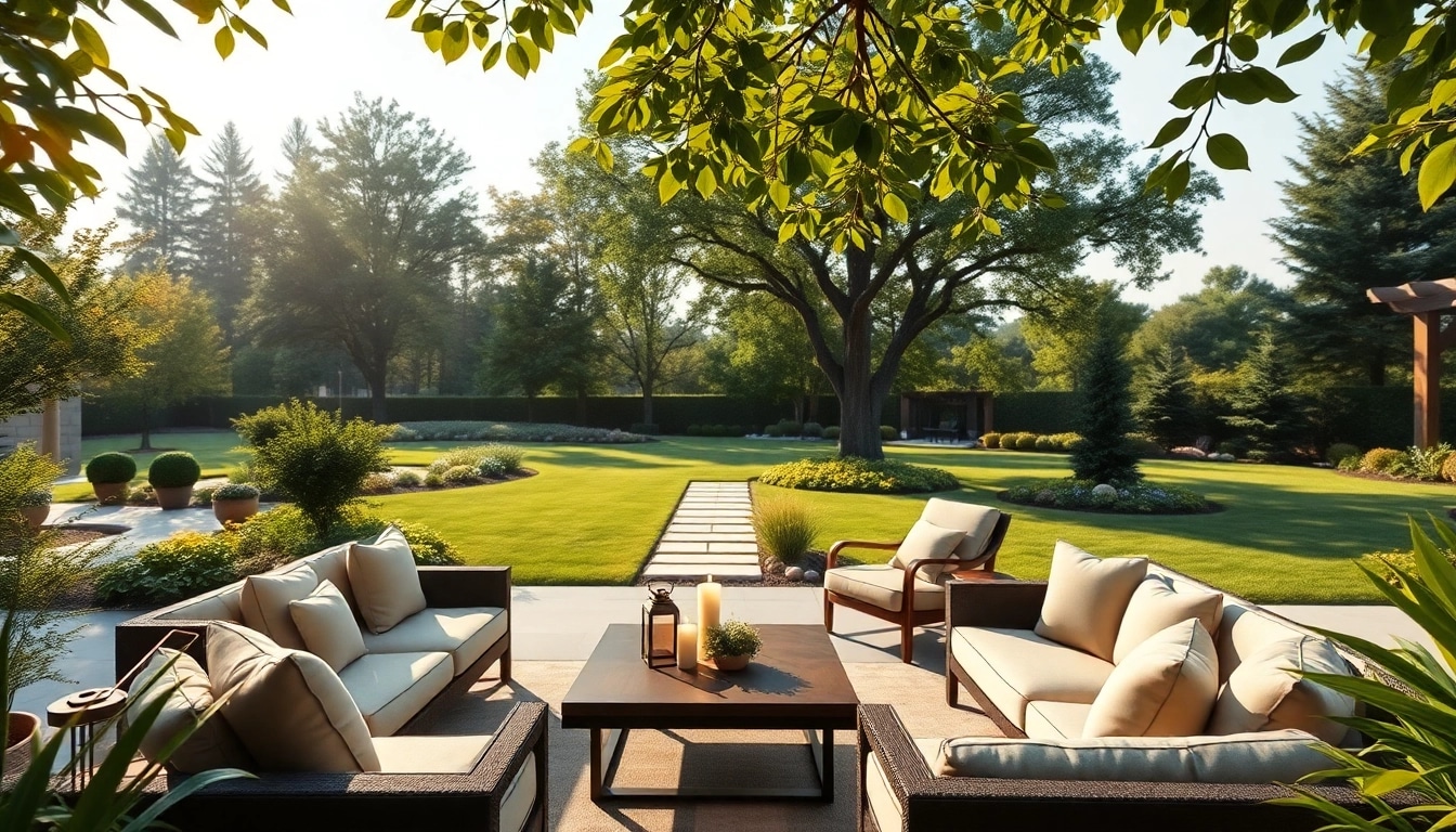Elevate your outdoor experience with Wellesley Outdoor Living, featuring luxurious seating and a tranquil garden.