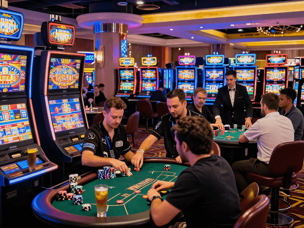 Exciting casino atmosphere featuring players at bandar slot gacor slot machines with neon lights.
