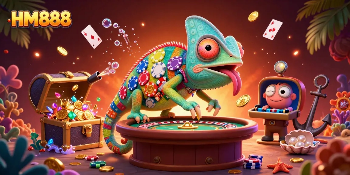 Engage with HM888's vibrant 3D illustration showcasing dynamic casino elements and a chameleon owner.